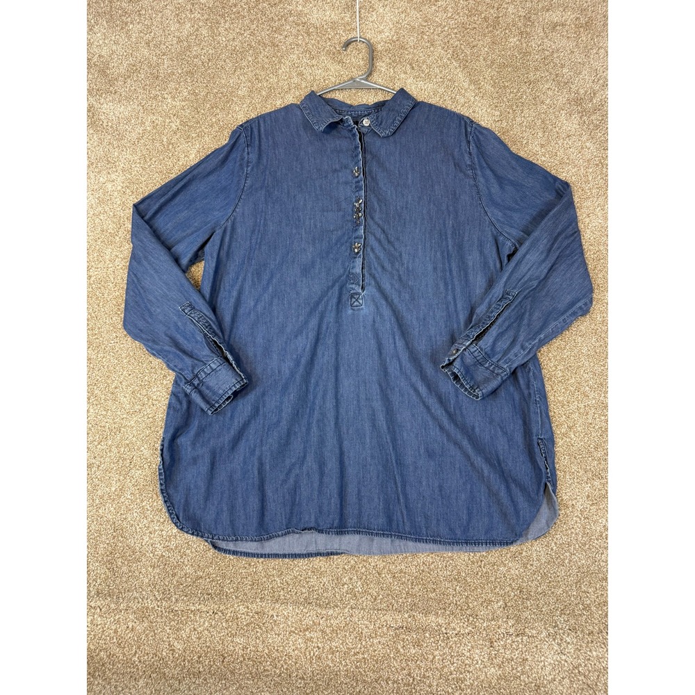 LOFT‎ Blue Chambray Embellished Beaded Tunic Top XXL Long Sleeve Cotton Rayon